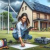 consultante en énergies renouvelables évaluant la faisabilité d'installer une éolienne domestique dans un jardin suburbain. Elle utilise des équipements pour mesurer la vitesse du vent et prend des notes sur une tablette numérique