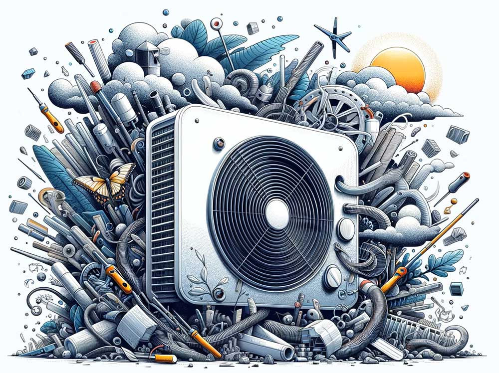 illustration d'un climatiseur entouré par des filtres encrassés, des vis desserrées et une lame de ventilateur endommagée