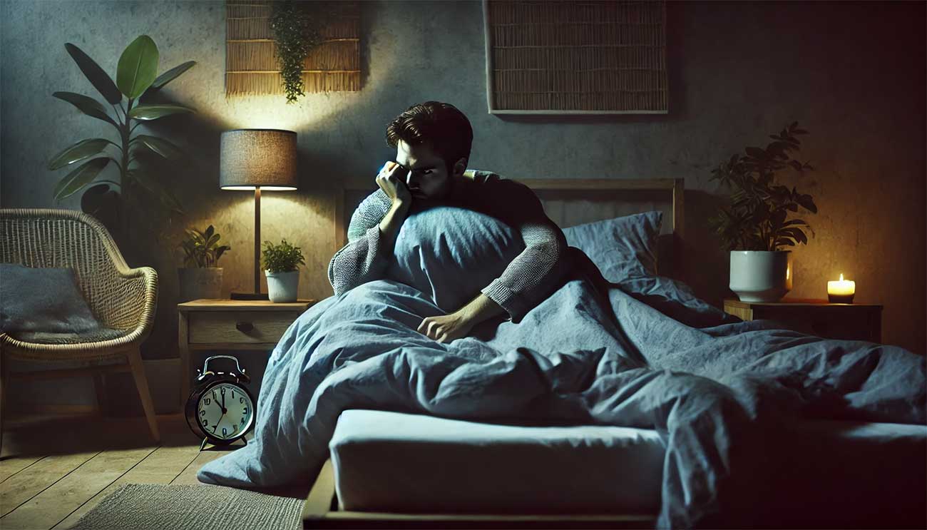 chambre avec une personne réveillée au milieu de la nuit, assise sur son lit en désordre, tenant une couette mal adaptée. L'expression du visage reflète la fatigue et l'agacement, dans une ambiance tamisée et sombre