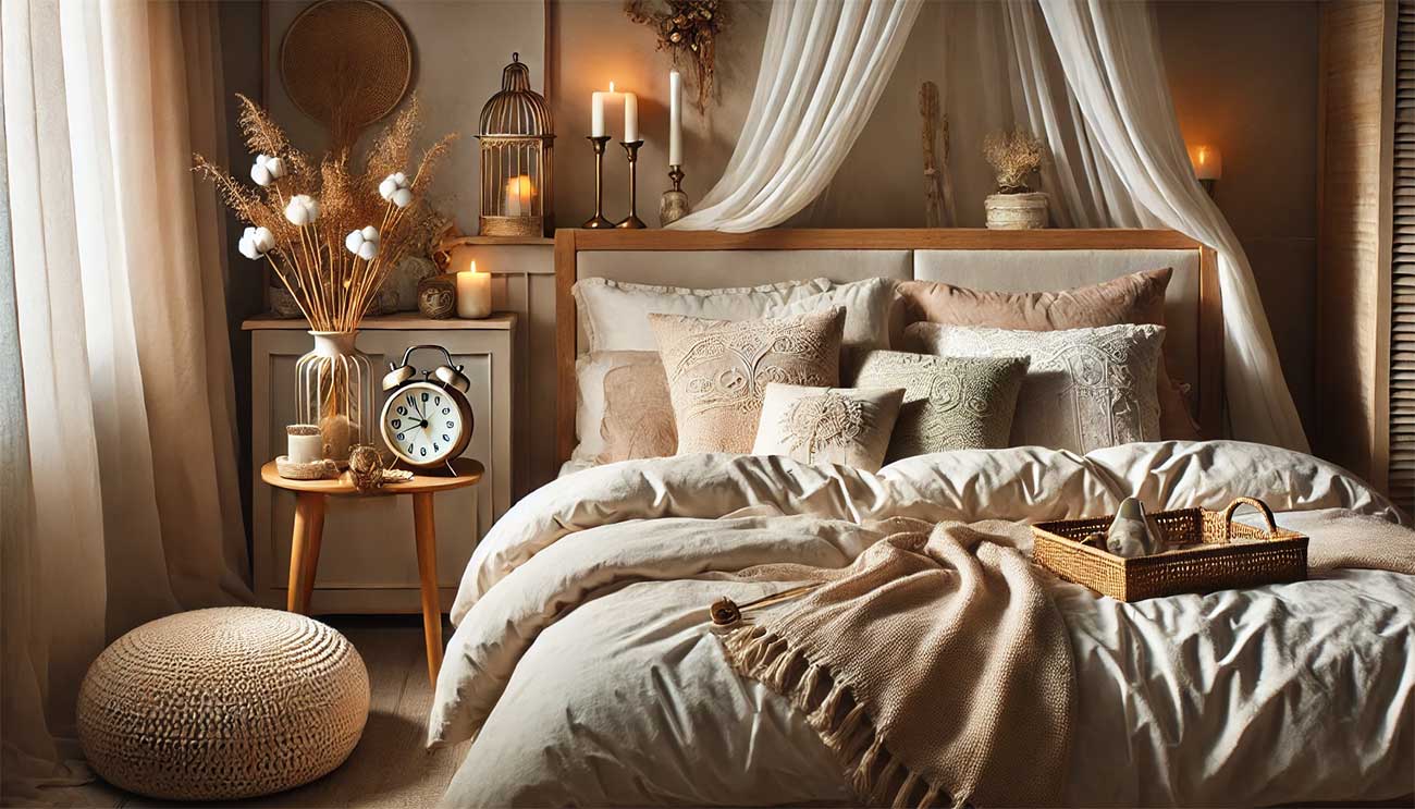 intérieur de chambre mettant en scène une couette avec un garnissage en duvet naturel, accompagnée d'éléments de décoration évoquant la chaleur et la légèreté. Une ambiance douce avec des oreillers moelleux et des matériaux naturels