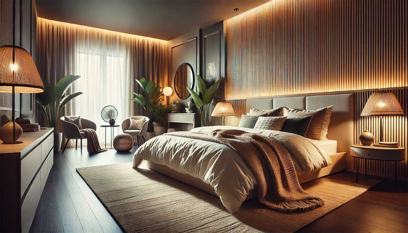 intérieur de chambre moderne avec un lit parfaitement dressé, couvert d'une couette élégante de grande taille, dans un environnement chaleureux et lumineux.