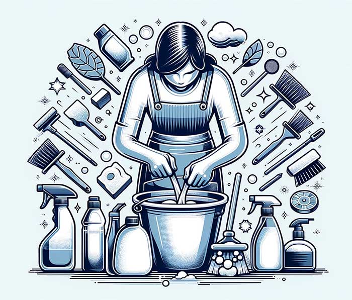 Illustration d'une personne préparant un mélange de vinaigre blanc et d'eau tiède dans un seau pour nettoyer un mur non peint, entourée d'outils de nettoyage