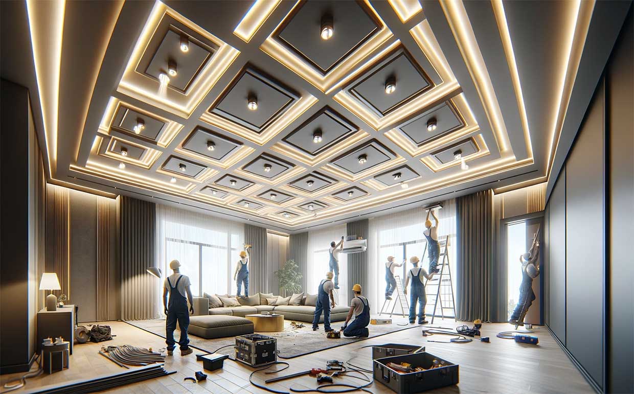 'installation du faux plafond autoportant dans un salon, avec l'installation des dernières plaques de plâtre. On voit des travailleurs en train de fixer les plaques et de vérifier l'alignement.