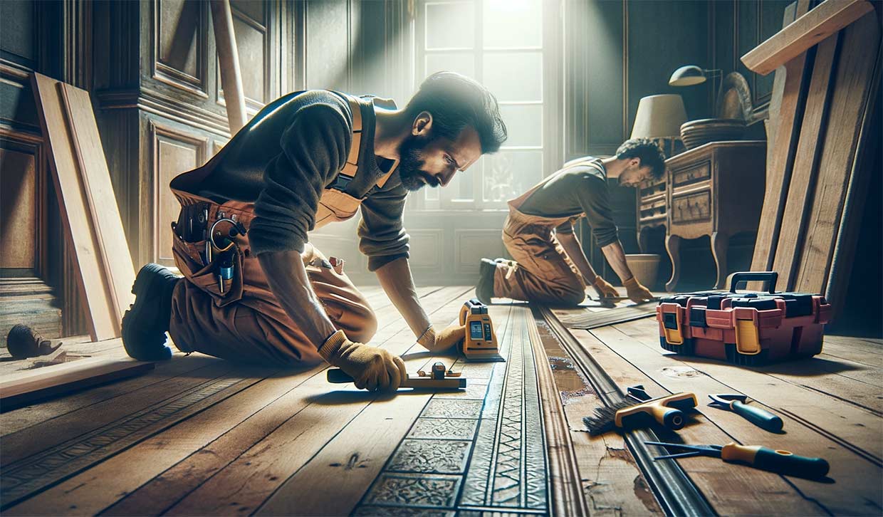 équipe de professionnels en train de détecter et de réparer un plancher affaissé dans une maison ancienne. L'image doit montrer l'utilisation d'outils et de technologies modernes pour le diagnostic et la réparation.
