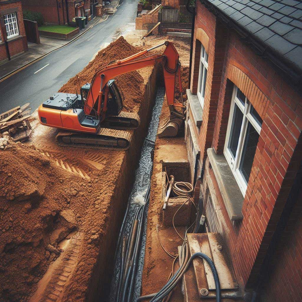 La photographie montre un chantier de raccordement au tout-à-l'égout adjacent à une maison en briques. L'angle de vue est légèrement en plongée, capturant une pelleteuse en action creusant une tranchée le long de la façade. 