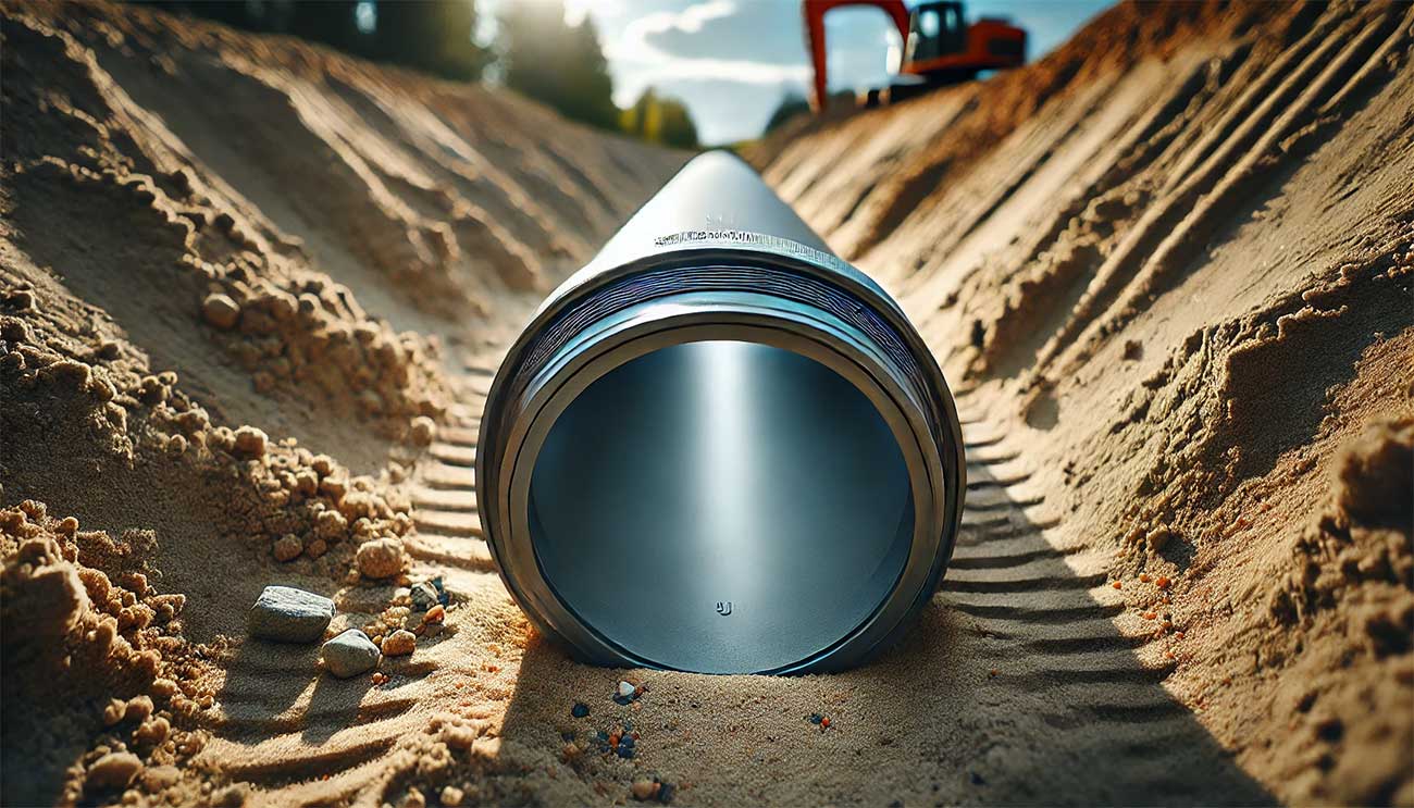 Photographie en gros plan d'un segment de tuyau en PVC gris prêt à être installé dans un système de raccordement aux égouts. La perspective est légèrement en contre-plongée, ce qui met en valeur les détails du tuyau.