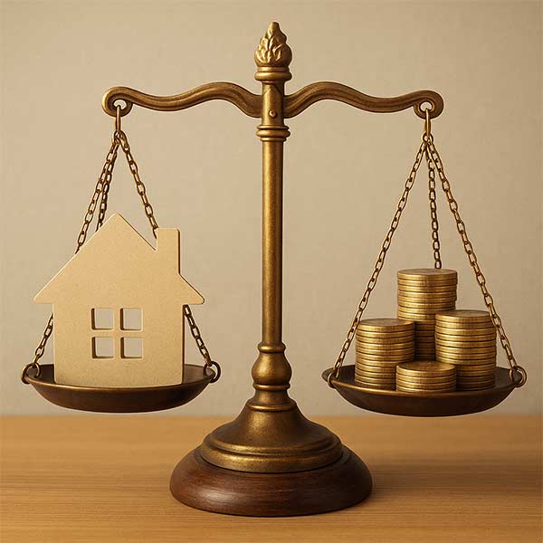 Balance posée sur une table pesant une maquette de maison en rénovation face à une pile de pièces, symbole d’arbitrage financier.