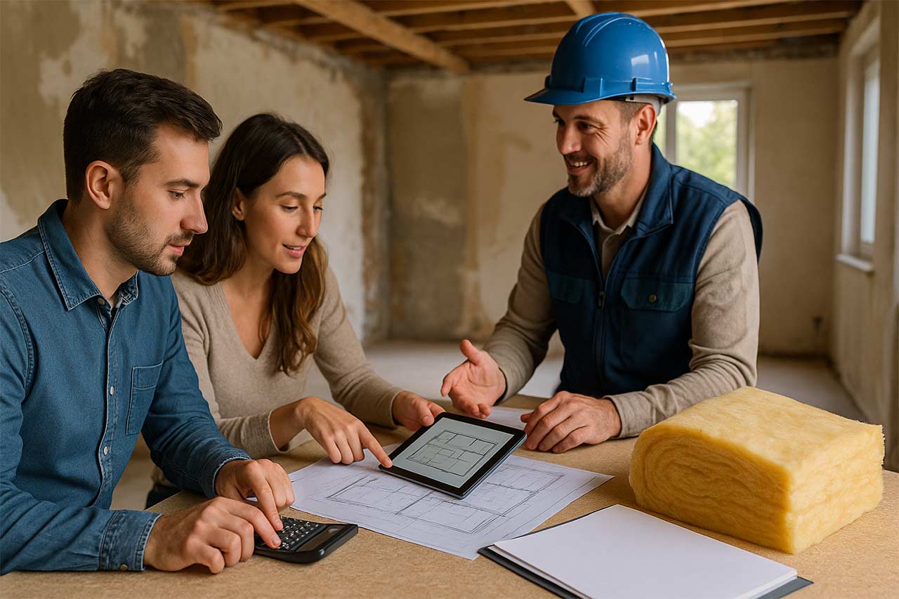 Couple et artisan discutant d’un projet de rénovation avec devis, calculatrice et contrat de prêt sur une table, matériaux d’isolation en vue