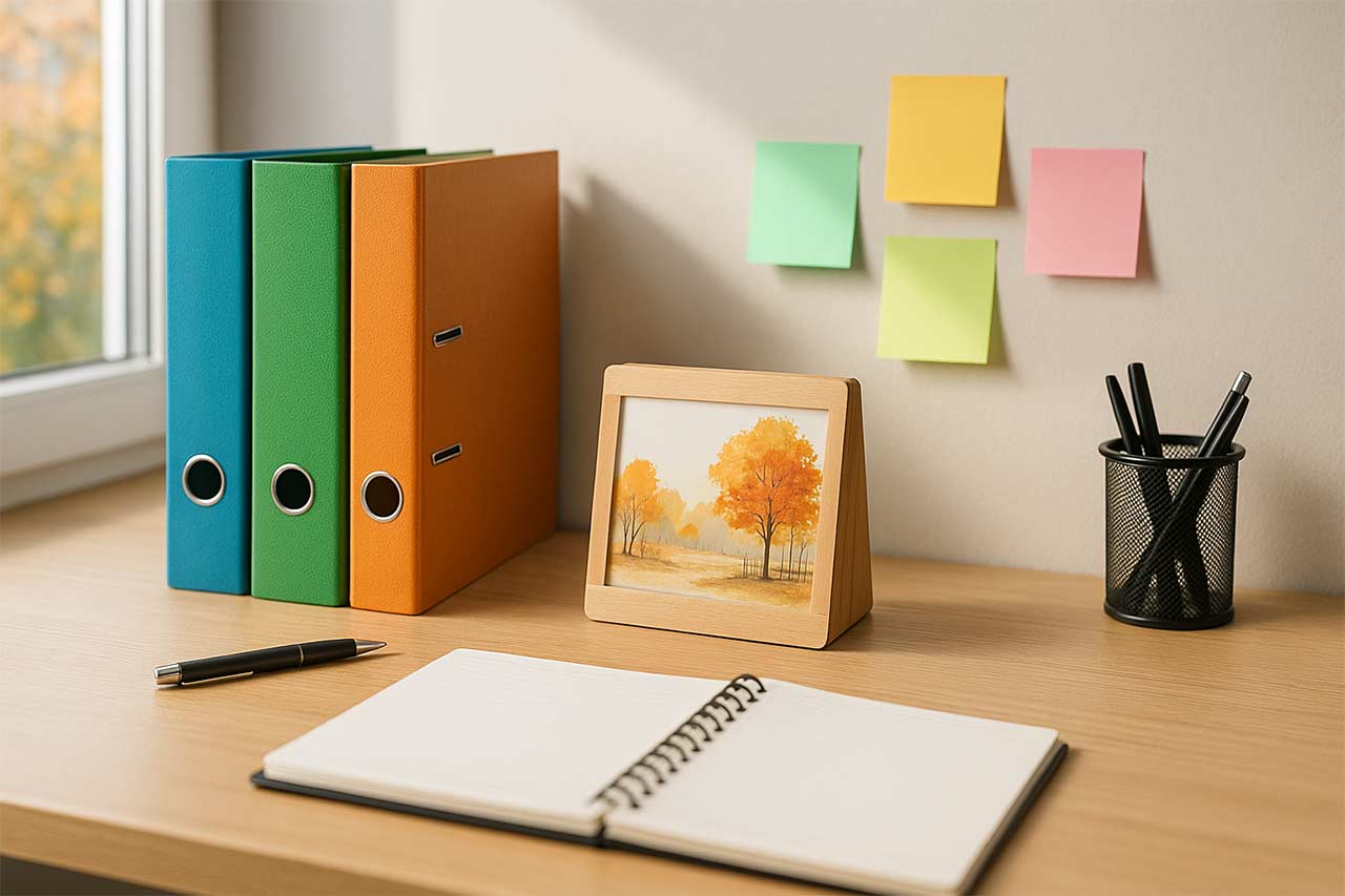 Bureau organisé avec dossiers de financement des travaux, calendrier d’automne et accessoires de planification