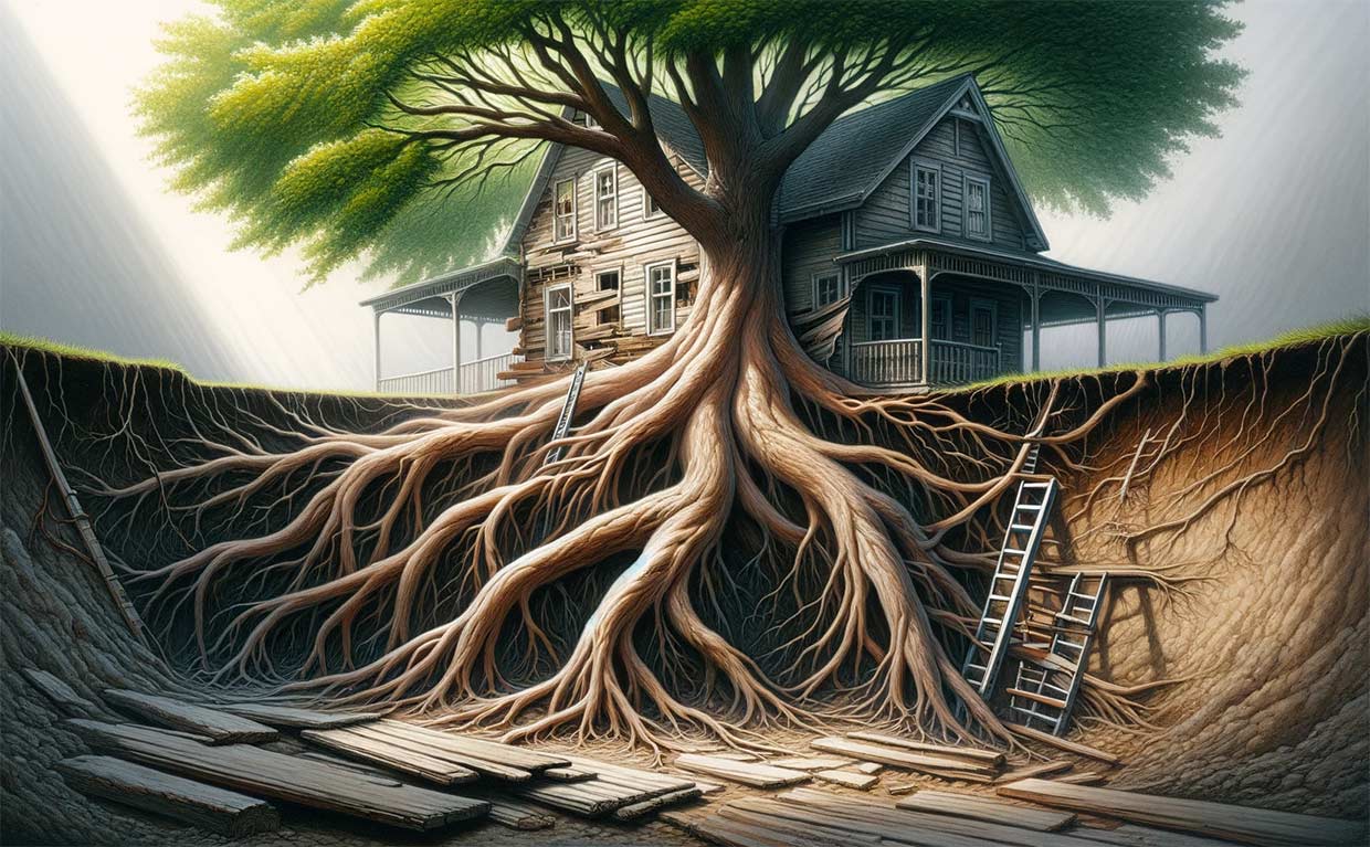 racines d'arbres s'étendant de deux à quatre fois le diamètre de la couronne de l'arbre, causant des dégâts à une maison à proximité. La scène montre les racines s'approchant dangereusement des fondations de la maison.