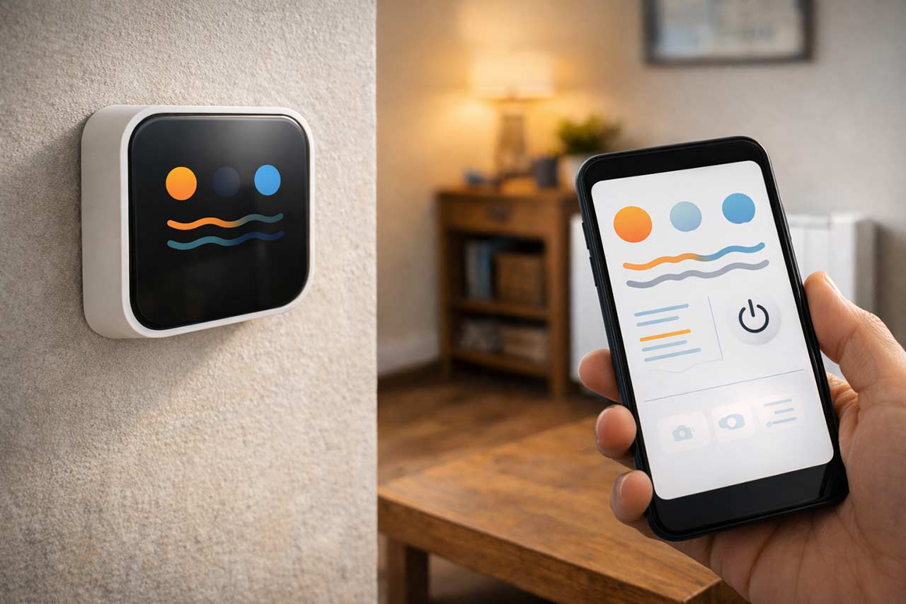 Photo d’un thermostat connecté et d’un smartphone contrôlant le chauffage, interface uniquement avec icônes abstraites sans lettres ni chiffres, radiateurs modernes en arrière-plan flou