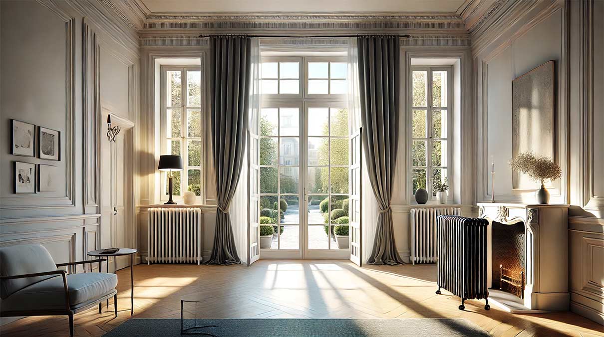 illustration réaliste représentant un intérieur moderne d'une maison, avec un radiateur classique placé sous une grande fenêtre à double vitrage. La pièce doit être lumineuse, avec des murs aux couleurs neutres et des éléments de décoration contemporains. Le radiateur est visible sous la fenêtre, reflétant un style élégant mais discret.