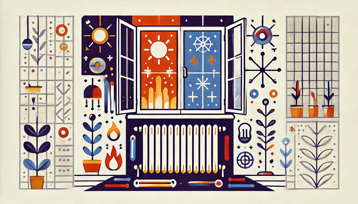 illustration d'un intérieur de maison moderne avec une grande fenêtre et un radiateur placé en dessous, entouré d'éléments symboliques qui évoquent le débat entre tradition et modernité, comme des flèches opposées, des symboles de chaleur et de froid, et des motifs abstraits de fenêtres à simple et double vitrage.