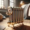 radiateur à bain d'huile en fonction dans un intérieur domestique, avec un focus sur le thermostat réglable et les roues pivotantes.