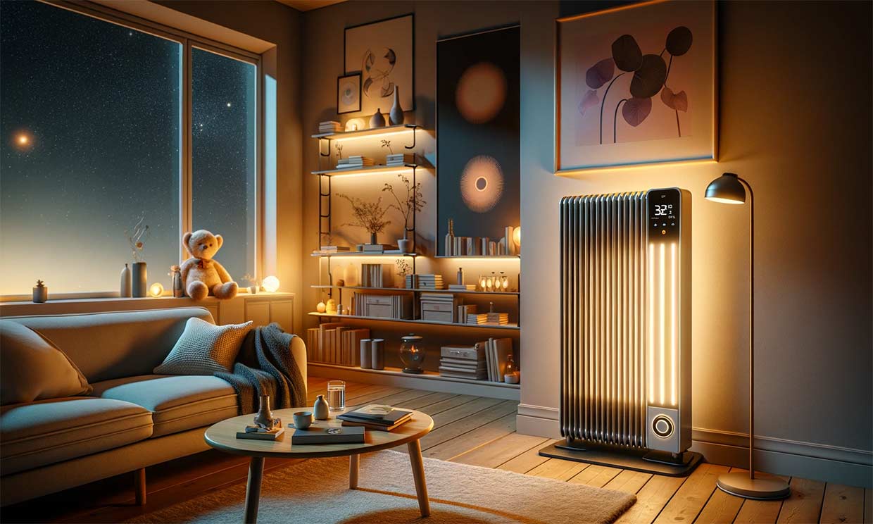 salon confortable le soir avec un éclairage doux. Dans le coin, un radiateur à bain d'huile moderne et élégant est visible, sa douce lueur apportant de la chaleur à la pièce. Le radiateur est équipé d'un thermostat numérique qui affiche la température. La pièce est décorée avec goût : un canapé confortable, une petite table basse et une étagère remplie de livres