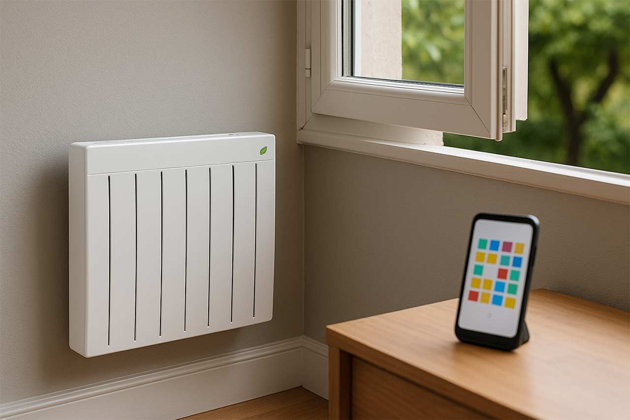 Détail d’un radiateur détectant une fenêtre ouverte, écran indiquant passage en veille et calendrier Tempo en arrière-plan sur smartphone.