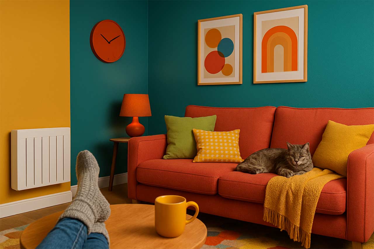 Scène colorée et dynamique d’un intérieur d’hiver chaleureux avec un chat sur le canapé, radiateurs discrets, ambiance cosy