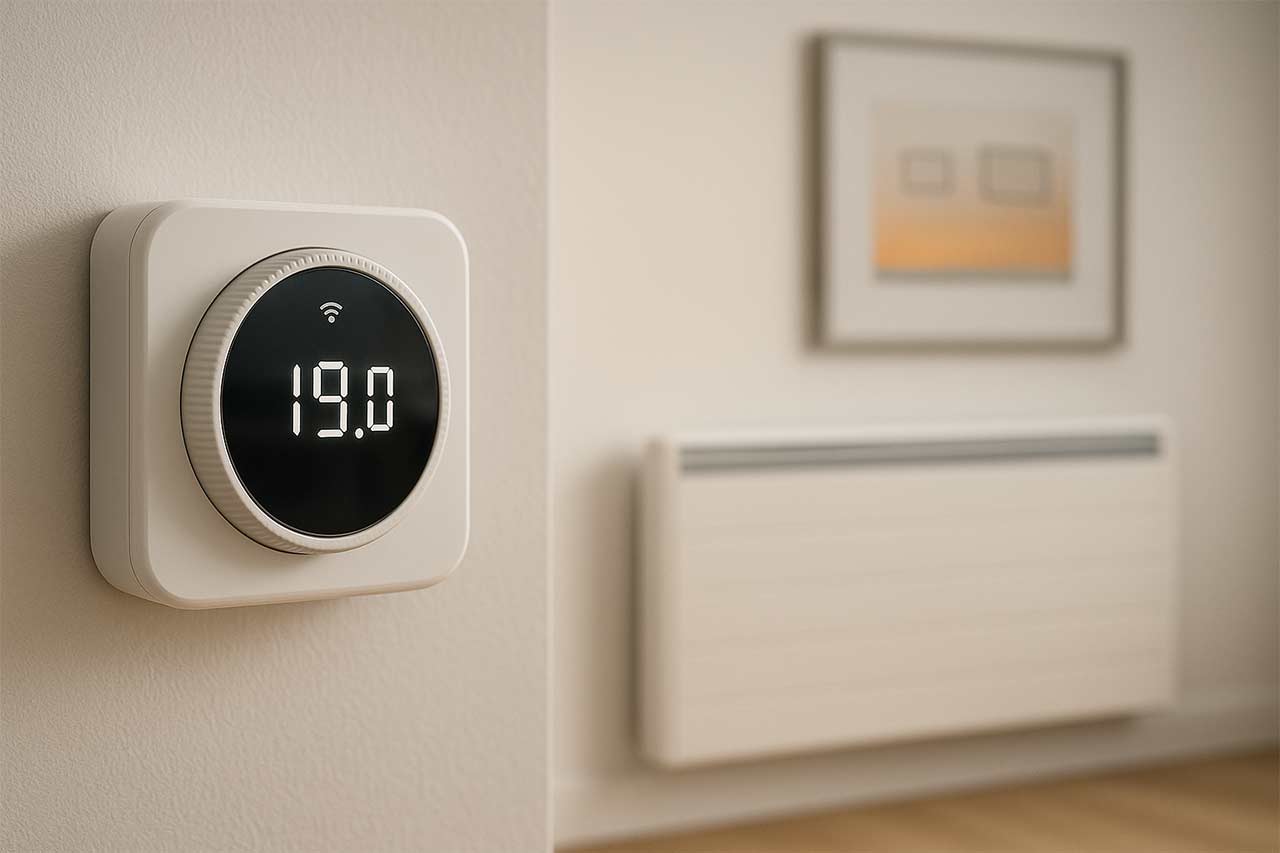 Gros plan sur un thermostat connecté affichant 19 °C, radiateur à inertie en arrière-plan