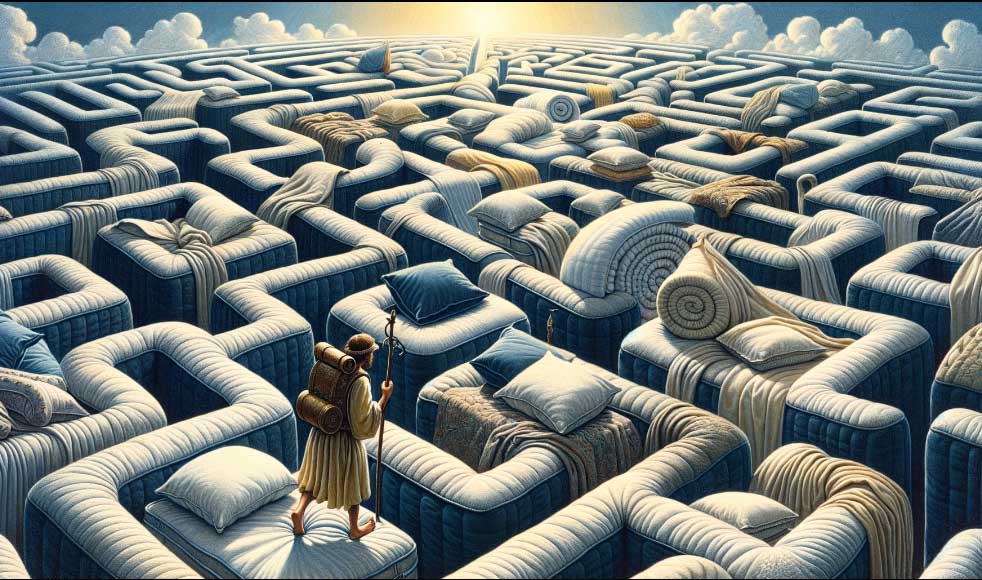 quête épique à la recherche du matelas parfait, illustrée par un voyageur armé de patience traversant un labyrinthe composé de matelas et d'oreillers, dans un style pictural réaliste