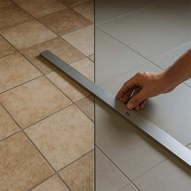 carrelage neuf couvrant la moitié d’un ancien sol, séparation nette en diagonale ; à gauche ancien carrelage terne, à droite nouveau revêtement moderne parfaitement plan ; main tenant une règle de 2 m pour vérifier la planéité