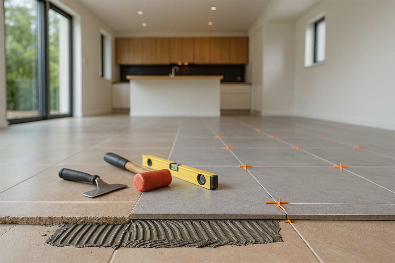 Photo grand angle intérieur d’une cuisine-séjour contemporaine, sol en grès cérame grand format posé sur un ancien carrelage visible en bordure ; petit plan de coupe au premier plan montrant l’empilement