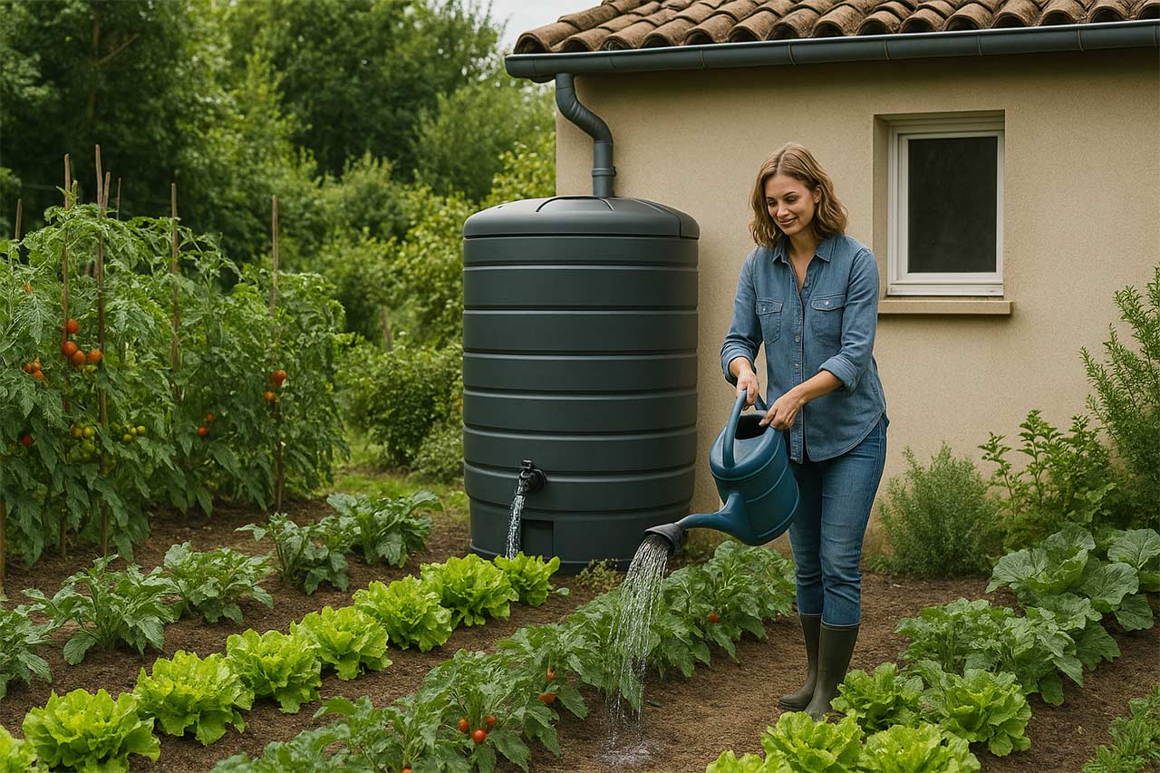 femme dans son jardin, potager arrosé avec eau de pluie depuis une grande cuve adossée à la maison, rangs de tomates et salades en pleine croissance