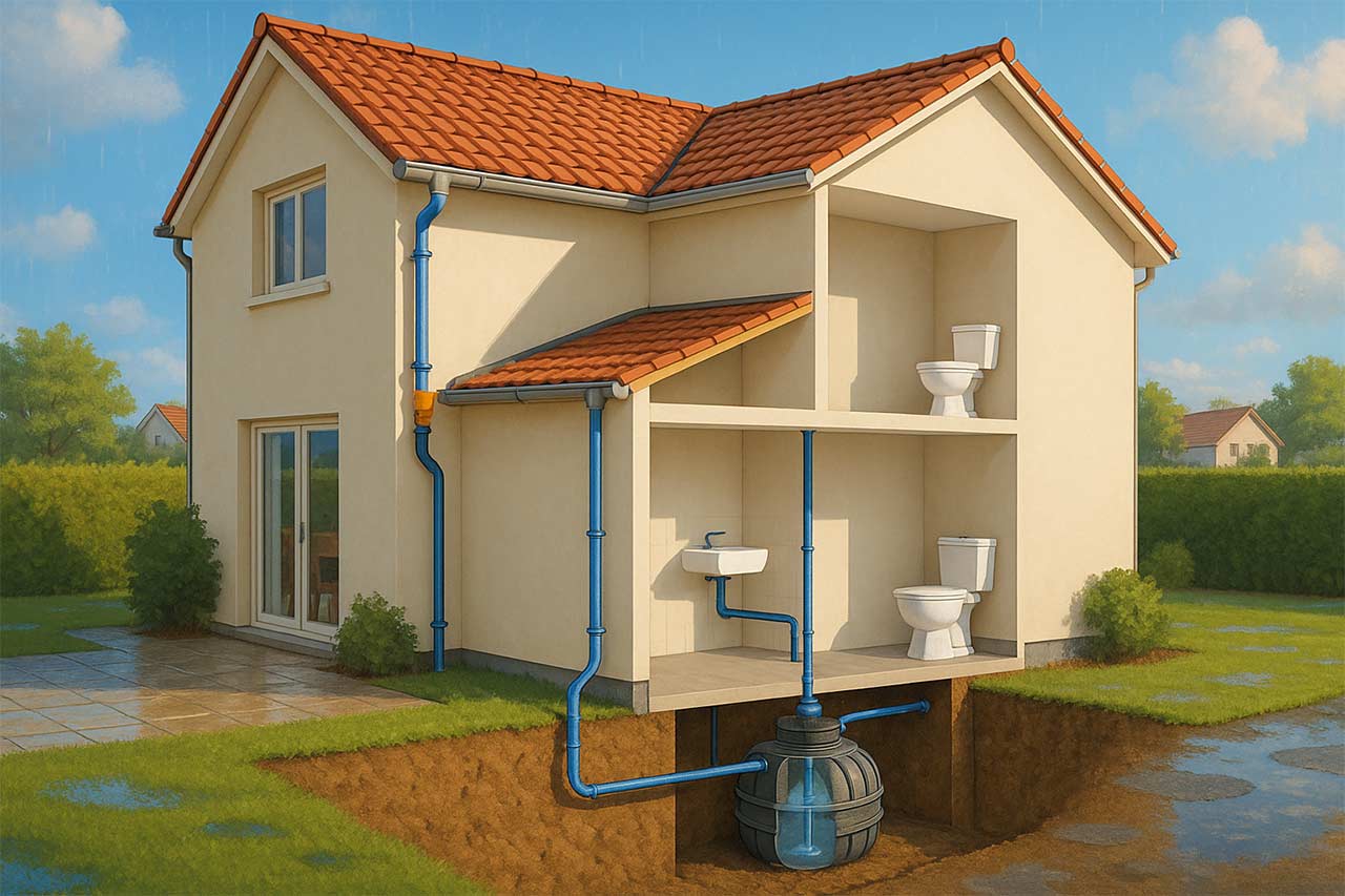Coupe d’une maison moderne montrant gouttières, filtre, cuve enterrée et canalisations alimentant WC et robinet technique