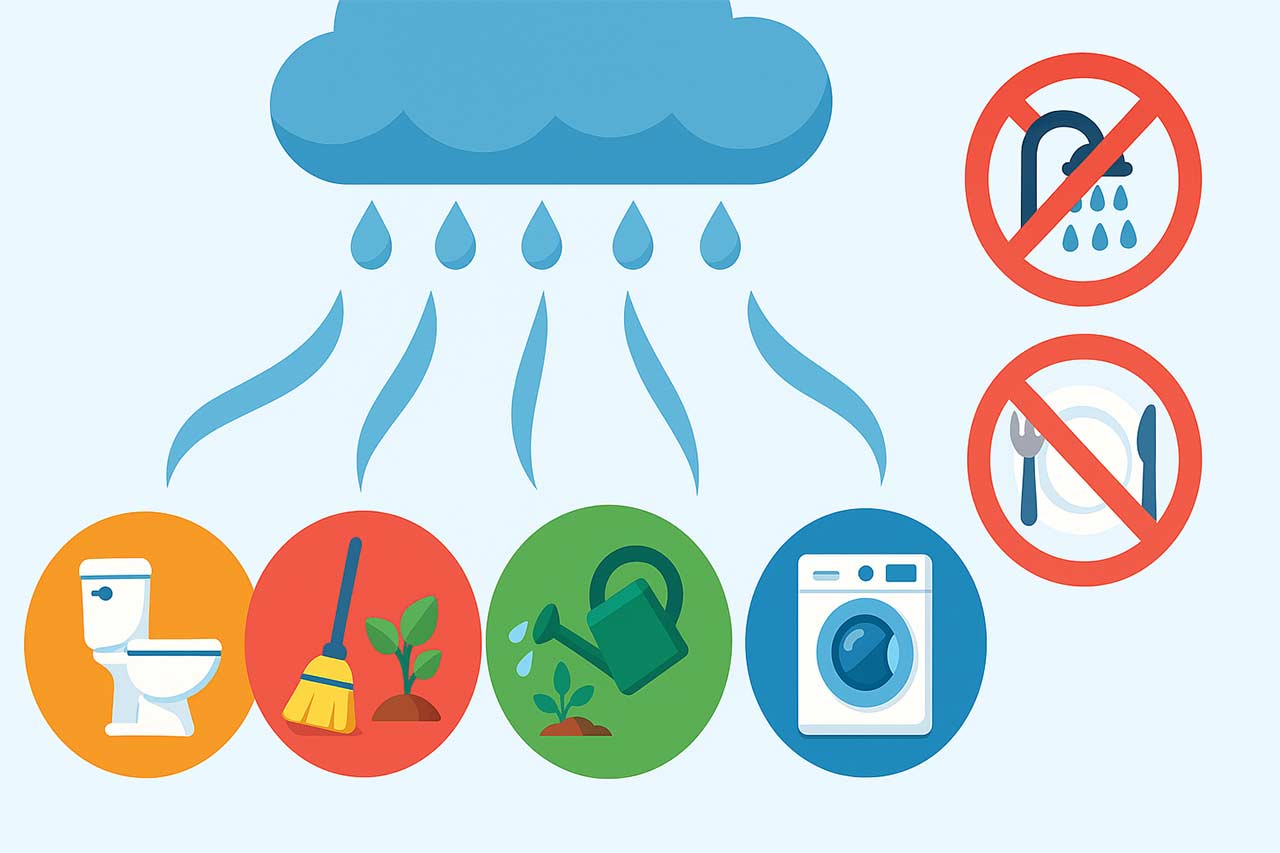 Visuel ludique représentant la pluie transformée en usages permis (WC, sols, jardin, linge) avec des icônes colorées et des interdits stylisés
