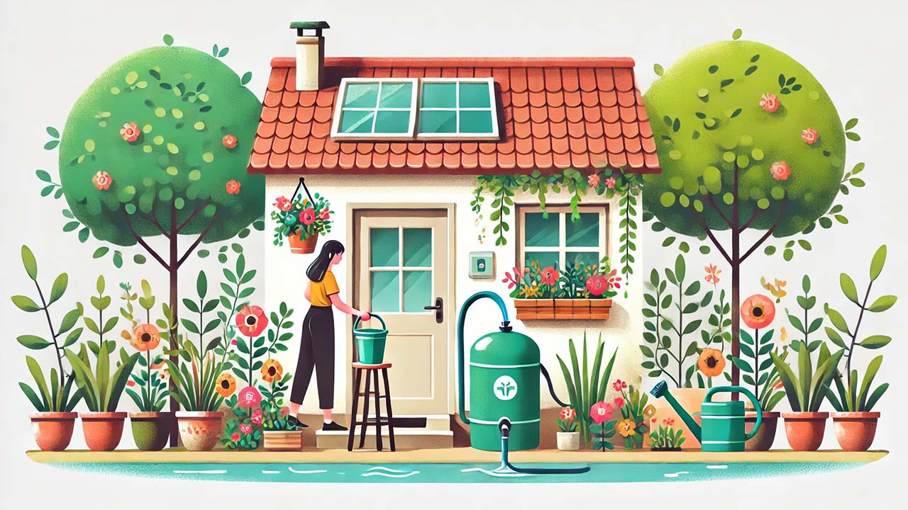Une maison avec un petit jardin et un récupérateur d’eau de pluie extérieur. La cuve est connectée à une gouttière, et des fleurs et arbustes entourent l’espace. Une personne arrose les plantes avec un arrosoir rempli à partir de la cuve, illustrant un usage simple et écologique de l’eau récupérée.