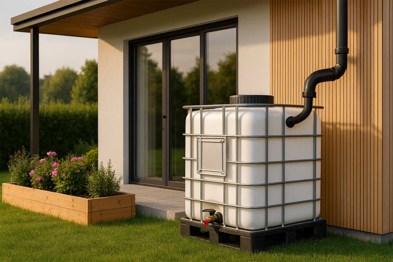 Récupérateur d’eau de pluie IBC blanc avec armature métallique, installé sur palette devant une maison moderne avec bardage bois et grande baie vitrée, à côté d’un bac de fleurs colorées dans un jardin verdoyant