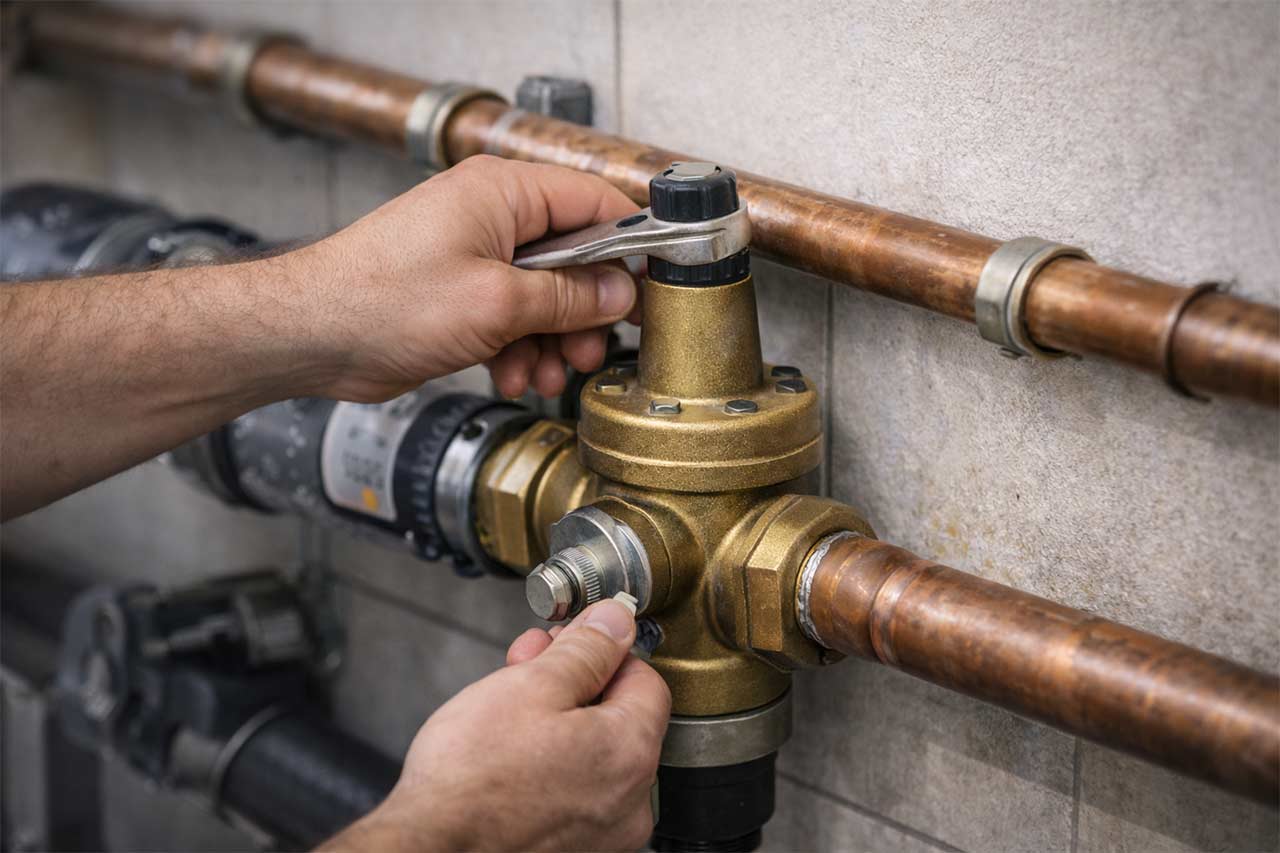 Gros plan sur des mains réglant un réducteur de pression en laiton sur une conduite principale en cuivre à l’aide d’une clé, pour stabiliser la pression d’eau du logement.