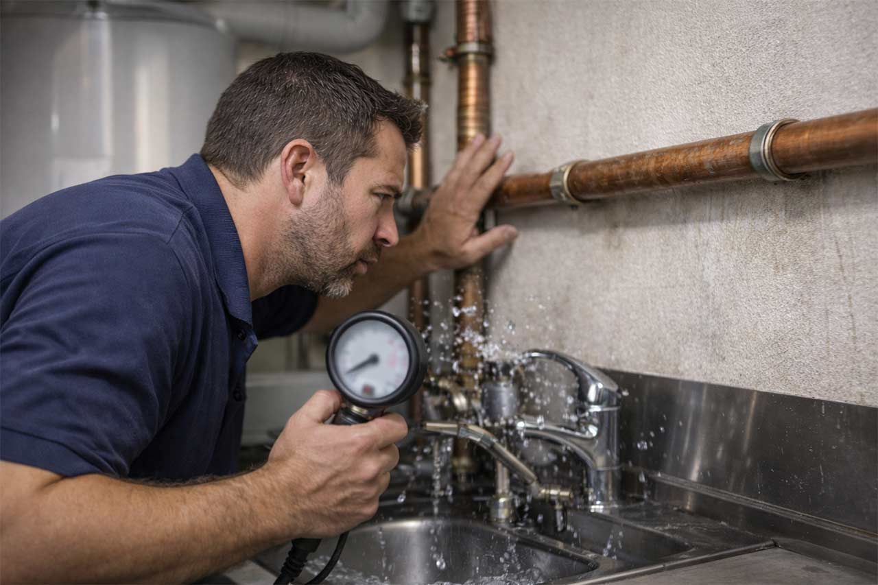 Dans une buanderie, une personne écoute une canalisation en cuivre et contrôle la pression avec un manomètre tenu en main, tandis que l’eau éclabousse l’évier, signe possible d’une pression trop élevée.
