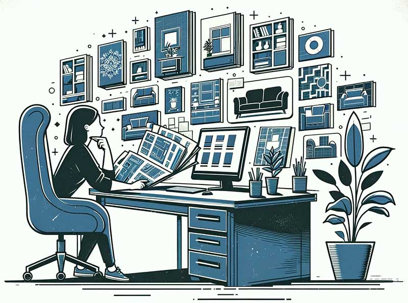personne assise à une table, entourée de catalogues de meubles et de plans d'intérieur, réfléchissant soigneusement à ses choix. Elle a devant elle un ordinateur ouvert sur des sites de décoration et d'aménagement intérieur.