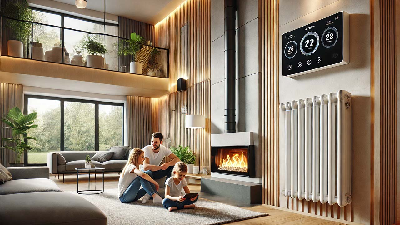 chaudière moderne installée dans une maison contemporaine avec un système de chauffage performant. La scène montre une famille profitant d'un intérieur confortable et bien chauffé, avec une vue sur des radiateurs modernes et un thermostat intelligent monté sur le mur.
