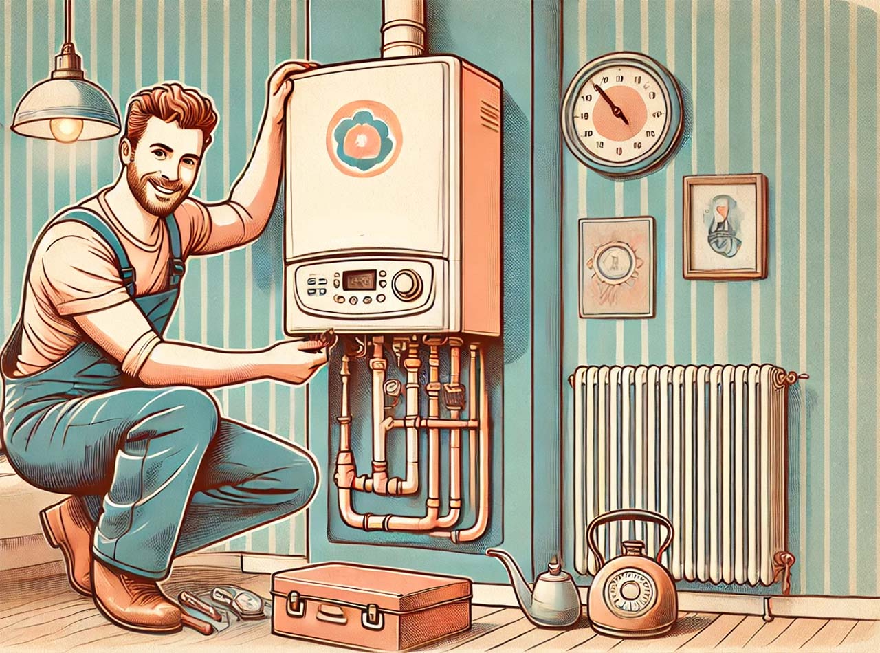Illustration montrant le remplacement d'une vieille chaudière à gaz par un nouveau système de chauffage. L'image utilise des couleurs pastel douces, des lignes dessinées à la main et des éléments de décoration intérieure rétro. Elle représente un technicien sympathique qui installe soigneusement le nouvel appareil, dans une atmosphère douillette et accueillante qui met l'accent sur le confort et la chaleur.