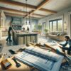 pièce spacieuse et bien éclairée, dotée d'un mobilier moderne et d'un plan d'étage ouvert. Des ouvriers travaillent activement à l'installation d'un nouveau comptoir en granit haut de gamme dans la cuisine. À proximité, un propriétaire examine attentivement un document de police d'assurance, l'air soucieux.