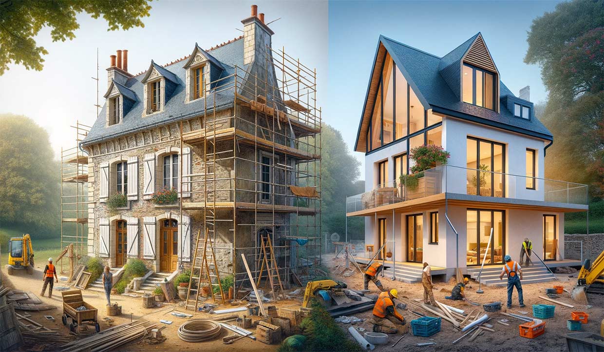 Image 1 : Une pittoresque maison française traditionnelle en cours de rénovation, avec des échafaudages et des ouvriers visibles. La maison conserve ses caractéristiques architecturales charmantes, telles que les murs en pierre et les volets en bois. La scène est réaliste et dynamique, montrant le processus complexe de la rénovation. Image 2 : Une maison moderne et écologique est en cours de construction sur un site dégagé. Le design est élégant et contemporain, avec de grandes fenêtres et des éléments à haut rendement énergétique. Le chantier est occupé par des machines et des ouvriers, illustrant le processus de construction d'une nouvelle maison à partir de la base. Les deux images illustrent les thèmes de la rénovation et de la reconstruction.