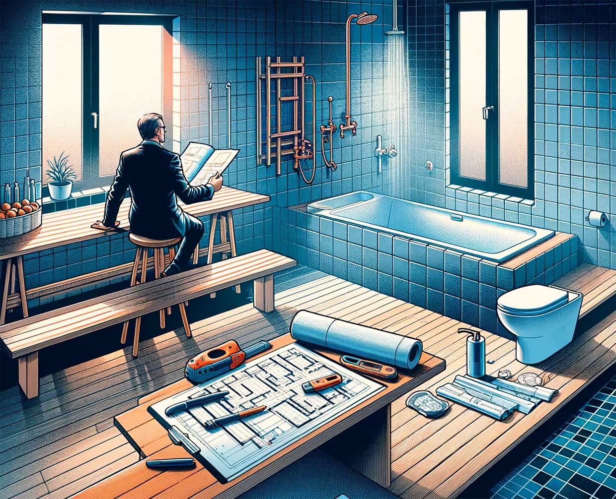  salle de bain avec une douche-baignoire moderne, des carreaux de faïence élégants, et un banc robuste avec des mains courantes. On y voit aussi un entrepreneur analysant des plans, reflétant la consultation de professionnels et la planification budgétaire.