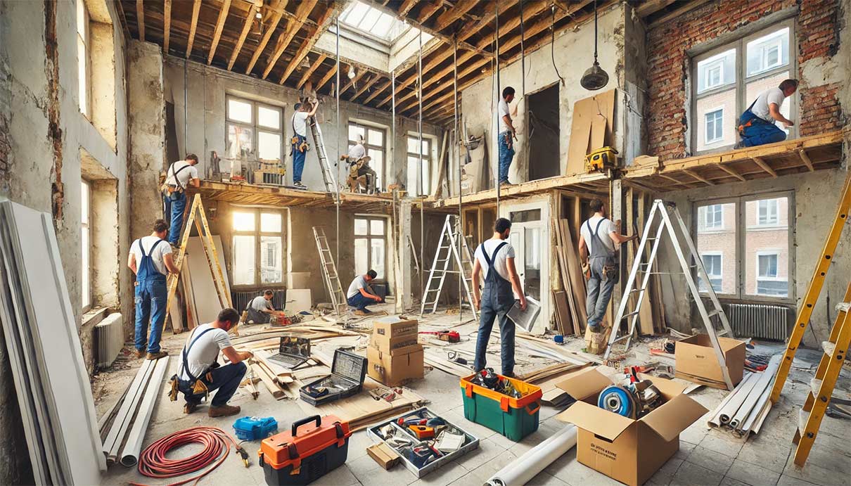 visuel d'une entreprise de rénovation générale en pleine activité. Un chantier de rénovation montrant une équipe de travailleurs en train de réaliser divers travaux, incluant de la maçonnerie, menuiserie, plomberie, installation de chauffage et climatisation. Le bâtiment en rénovation a des murs en cours de démolition, de nouvelles fenêtres et portes en cours d'installation, des tuyaux visibles pour la plomberie, et des artisans posant du parquet au sol.