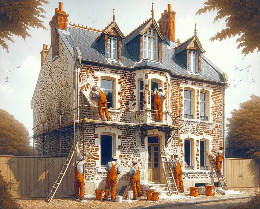  maison meulière typique de l'Île-de-France en cours de rénovation. On voit des ouvriers en train de nettoyer les pierres rouges par gommage et de rejointoyer avec un enduit à la chaux