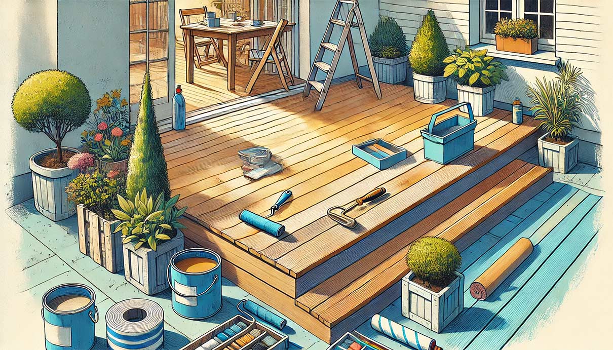 Illustration où la scène montre une terrasse en bois fraîchement repeinte, avec des couleurs vives et une surface lisse, entourée de quelques plantes décoratives et des outils de maintenance, comme un seau, un pinceau et un rouleau.