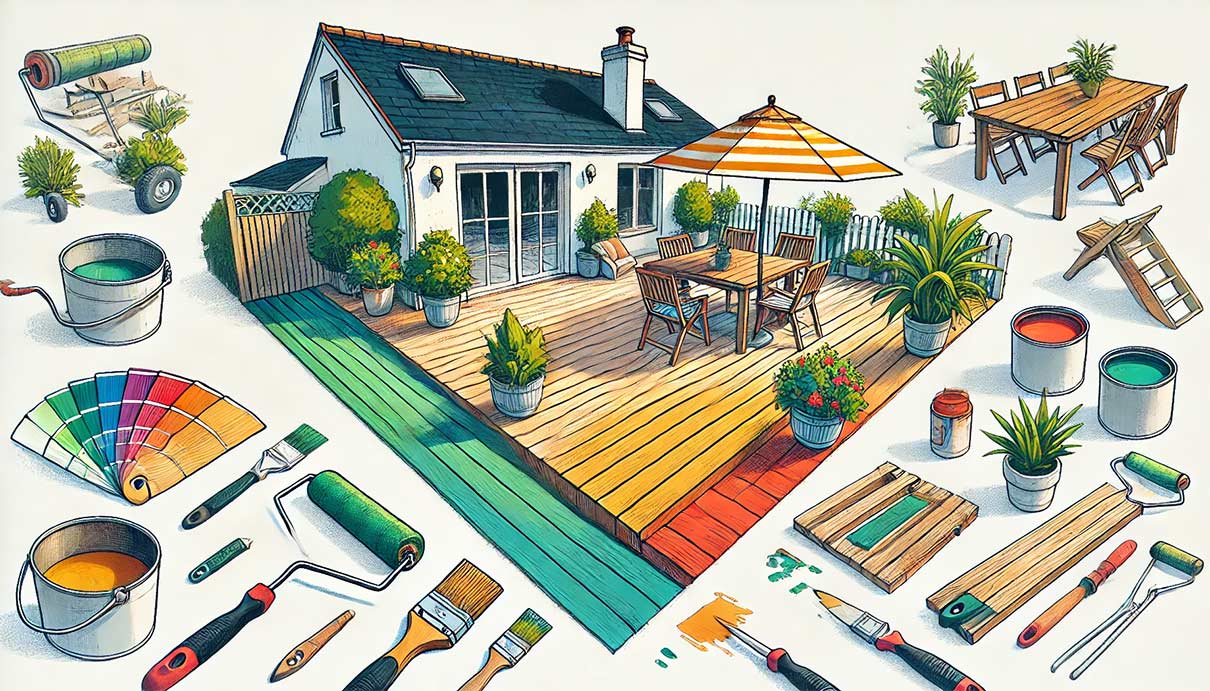 Illustration vectorielle avec des couleurs vibrantes sur fond blanc pour représenter les étapes finales de la restauration d'une terrasse en bois.