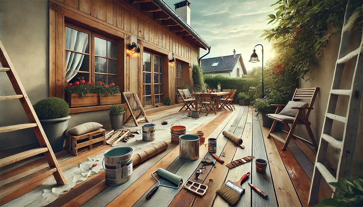 Au premier plan, des outils comme un rouleau de peinture, une brosse et du papier de verre sont disposés autour de la terrasse, montrant les étapes de préparation. La terrasse présente un mélange de bois vieilli et une partie fraîchement peinte, accentuant le contraste entre l’ancien et le rénové. En arrière-plan, une maison est protégée par des bâches, et on distingue quelques plantes décoratives. 