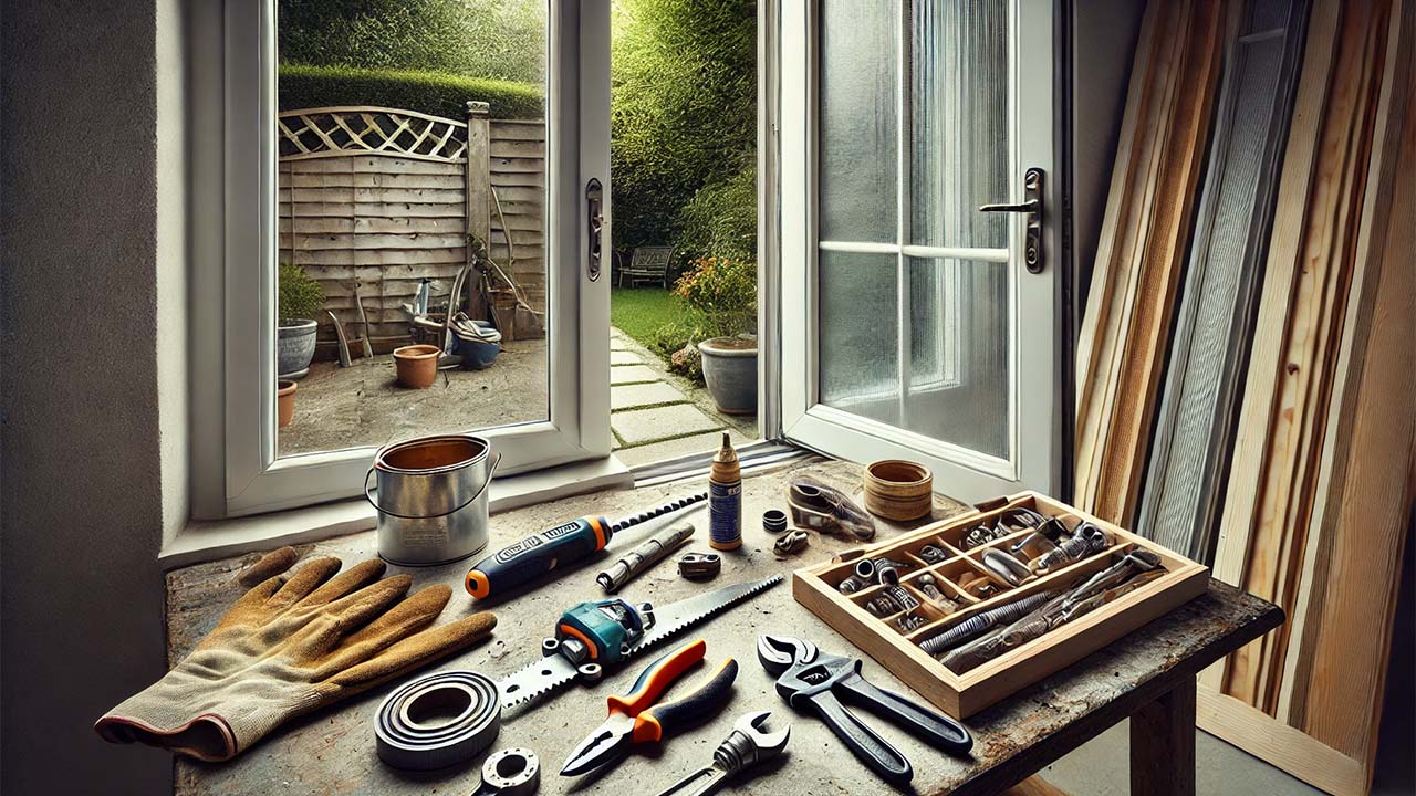 porte d'abri de jardin en cours de réparation, avec des charnières retirées et des outils comme un tournevis et un pot de lubrifiant posés à côté. Une fenêtre voisine est également en réparation, avec une vitre retirée et un nouveau panneau de verre prêt à être installé. Des gants de protection sont visibles sur une table de travail.