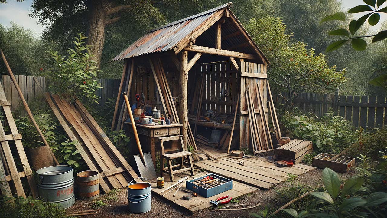 abri de jardin en bois et métal, entouré de végétation, montrant des signes d'usure comme une toiture abîmée et des parois rouillées. Des outils et matériaux de réparation, tels que des planches, un marteau, et un pot de peinture antirouille, sont posés devant l'abri