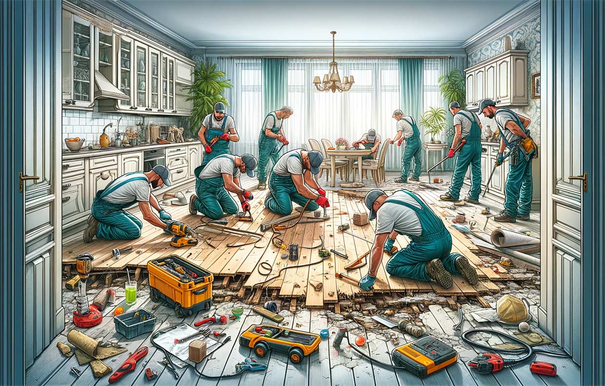 illustration représentant des ouvriers en train de travailler sur un plancher endommagé