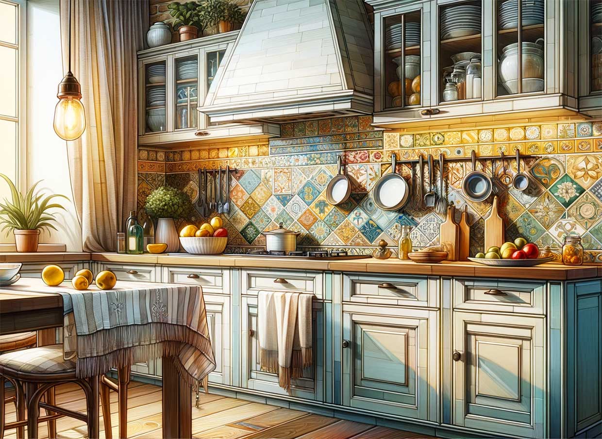 Détail d'une cuisine avec une section de crédence adhésive en carrelage coloré, illustrant l'harmonie avec le style des meubles de cuisine. 