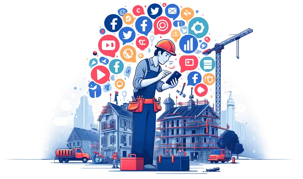 Illustration graphique d'un artisan du bâtiment utilisant son smartphone pour gérer sa présence sur les réseaux sociaux, entouré d'icônes de médias sociaux flottant autour de lui. Le style est épuré et moderne, avec des couleurs vives pour représenter la diversité des plateformes en ligne (bleu pour Facebook, rouge pour YouTube, etc.). L'arrière-plan montre un chantier en construction, symbolisant le lien entre le travail traditionnel du bâtiment et les nouvelles méthodes de prospection numérique
