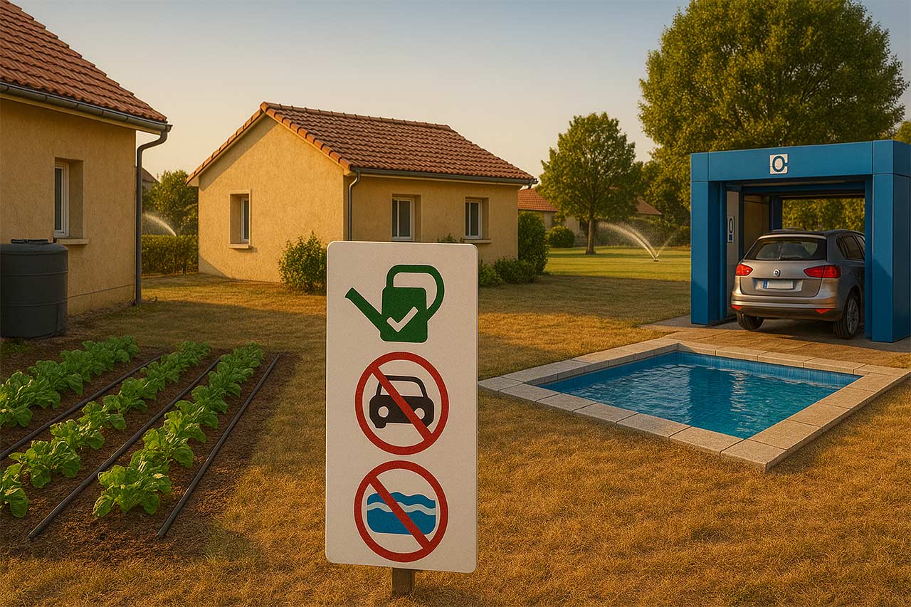 Panneau blanc détaillant les restrictions d’arrosage, lavage automobile et piscine, installé devant un potager, une pelouse sèche et une station de lavage dans un quartier résidentiel.