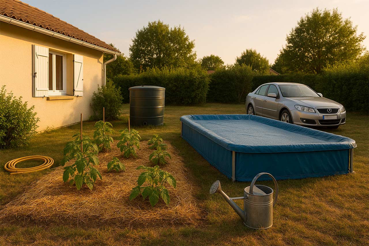 Maison avec potager paillé, cuve de récupération d’eau de pluie et piscine couverte, scène d’été réaliste illustrant les restrictions d’eau et les bons gestes à domicile.